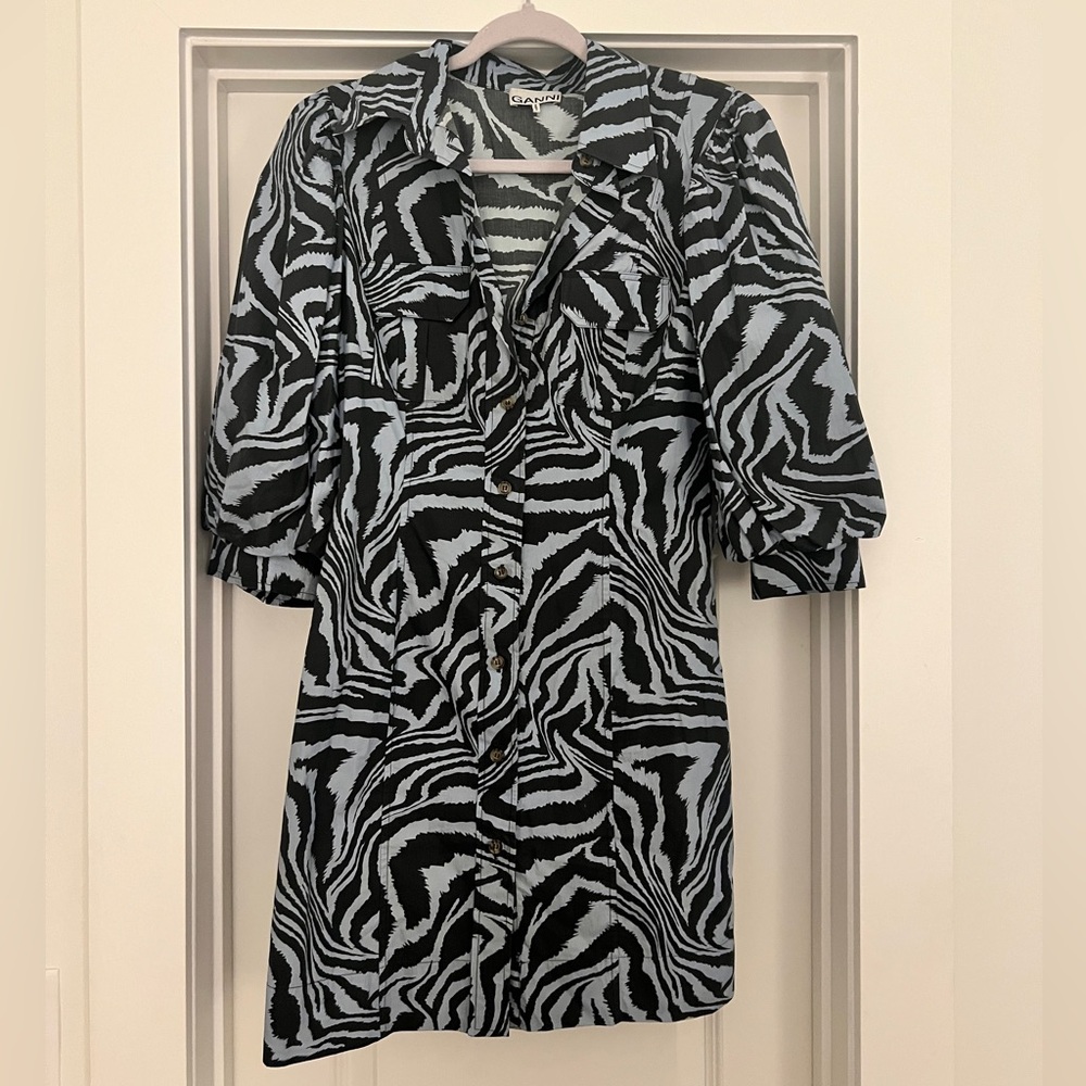 Ganni Black and Blue Zebra Print Dress